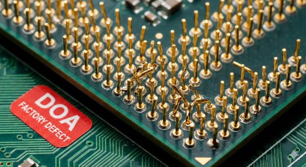 Close-up of a computer processor (CPU) with bent and damaged pins