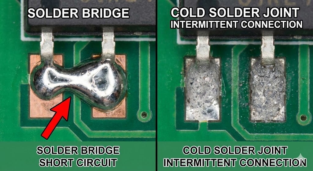 Macro photography comparison: A Solder Bridge vs Cold Solder Joint